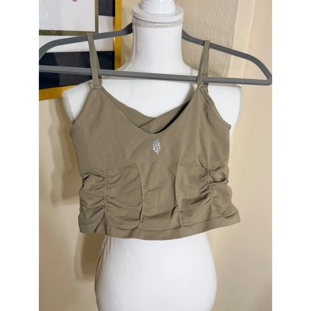Free People FP Movement Free-to-Be-Me Ruched Seamless Crop Tank Top Olive Taupe